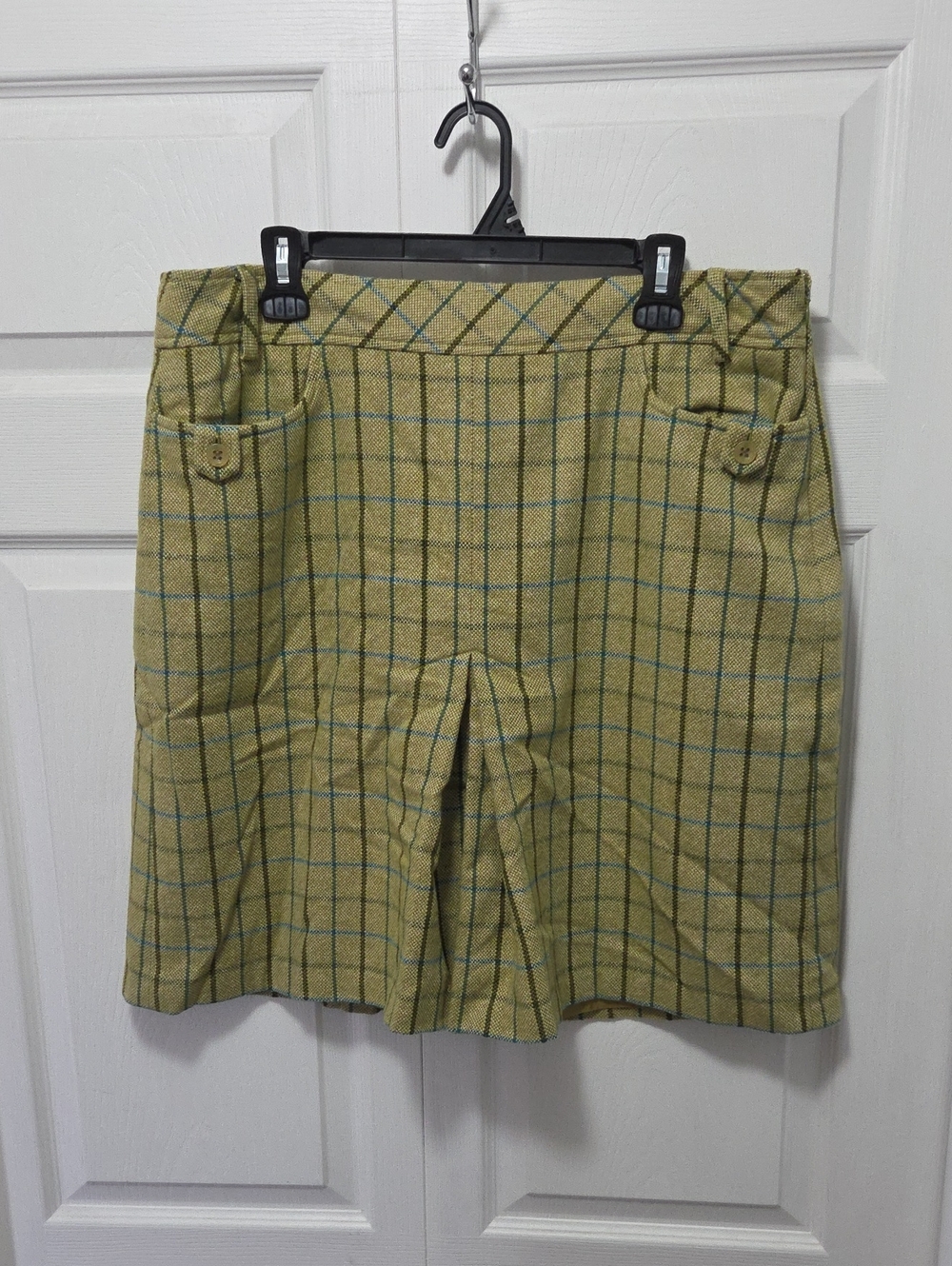 Ann Taylor LOFT Olive Green Plaid Mini Skirt with Front Pleat Size 16